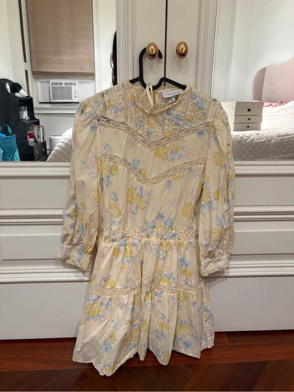 LoveShackFancy Cream Mini Dress with Yellow & Blue Floral Print